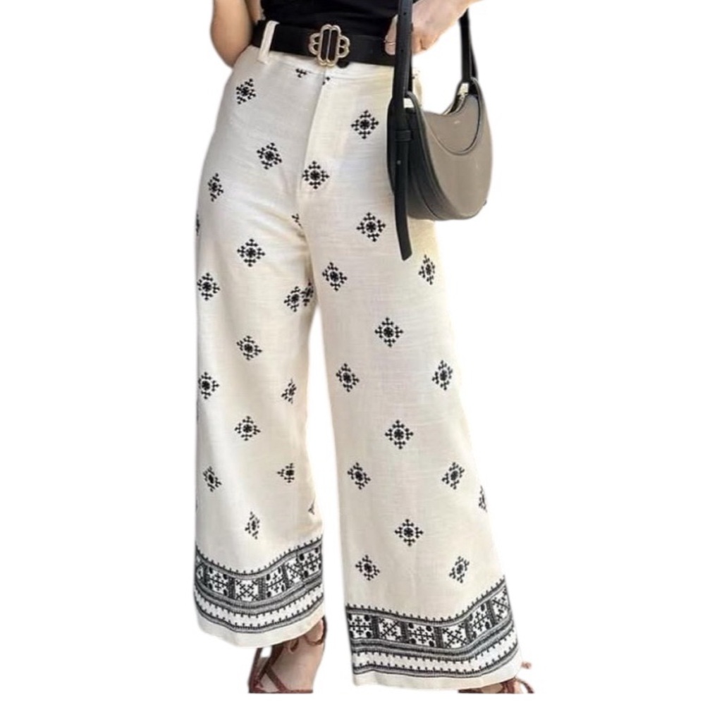 ZARA Ecru & Black High Waist Embroidered Detail Wide Leg Linen Trousers, Size M. - Picture 2 of 13